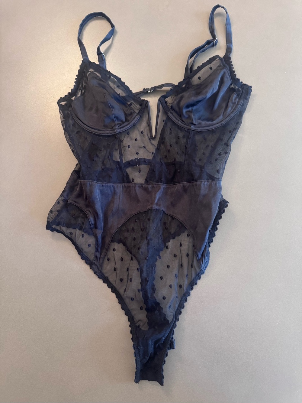 Fleur du Mal Black Sheer Polka-Dot Lace Bodysuit